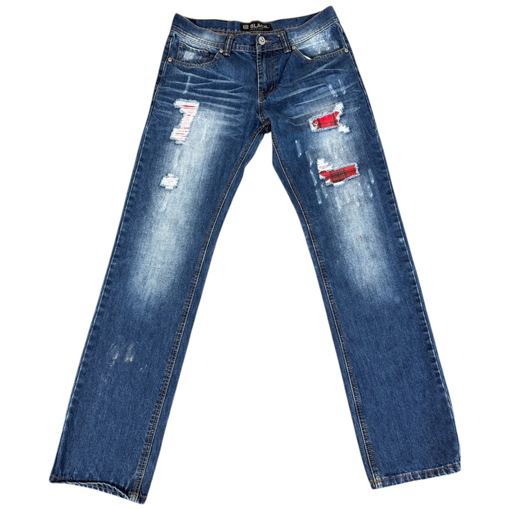 BLACK Premium Jeans Men 30x32 Low Rise Slim Straight Distressed Patch Y2K Buckle